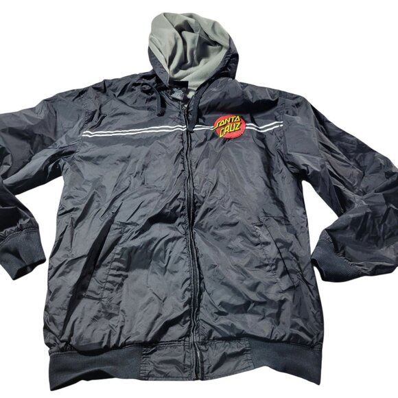 Santa Cruz Skateboards Windbreaker Jacket Mens Small Black Hood Full Zip Read* - Picture 1 of 7